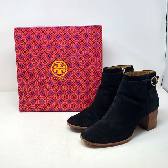 Tory Burch Sofia 65MM Suede Ankle Booties Leather Perfect Black 50895 Size 9 - Picture 2 of 9